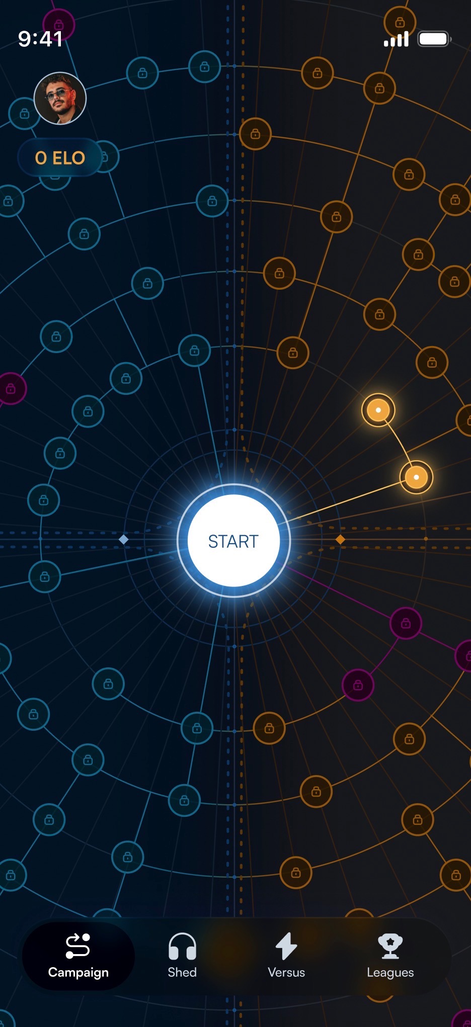 Solfera app: Campaign map with Rhythm and Pitch tracks radiating outward from a central start point
